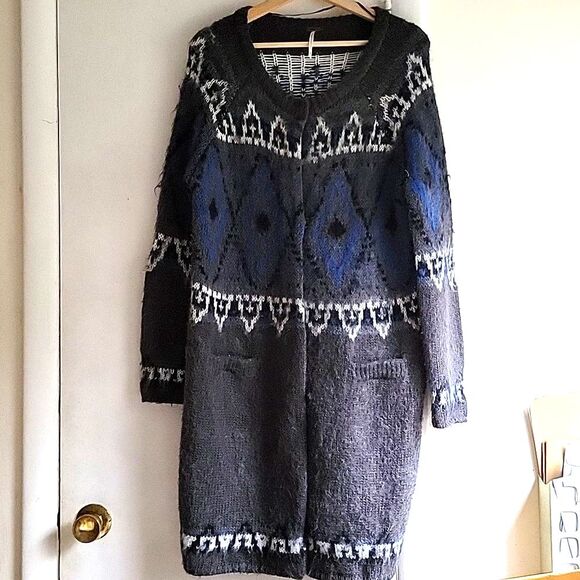 Free People mohair blend fuzzy‎ long cardigan coat fair isle pockets size Medium - Picture 1 of 9